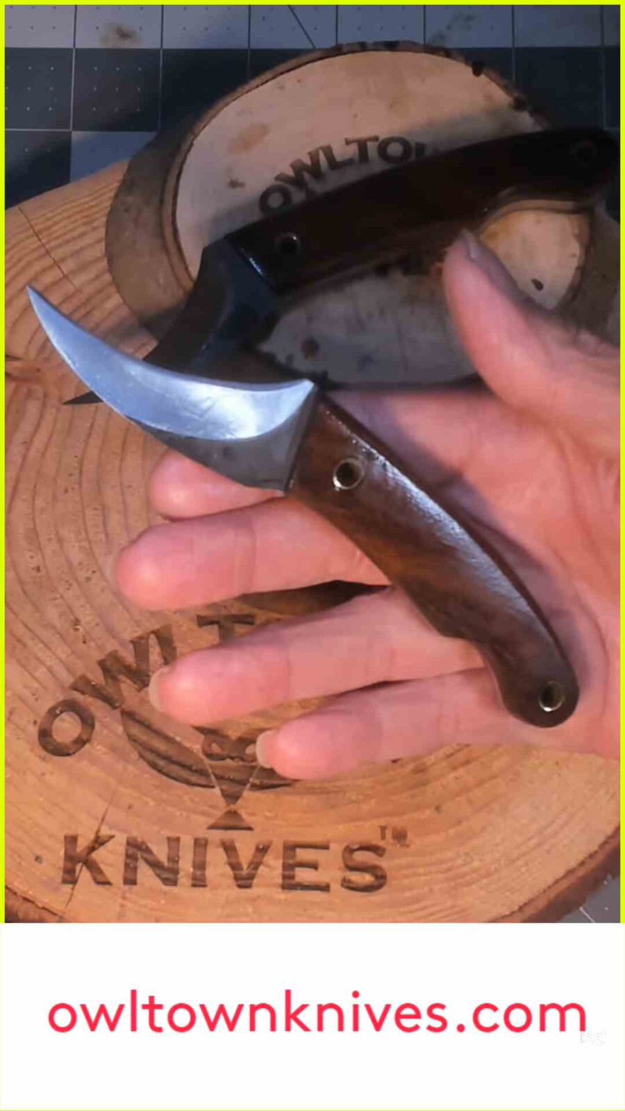 Owltown Pivia Moon Knife, Pikal, Elvia fusion 12c27 steel clip on leather sheath