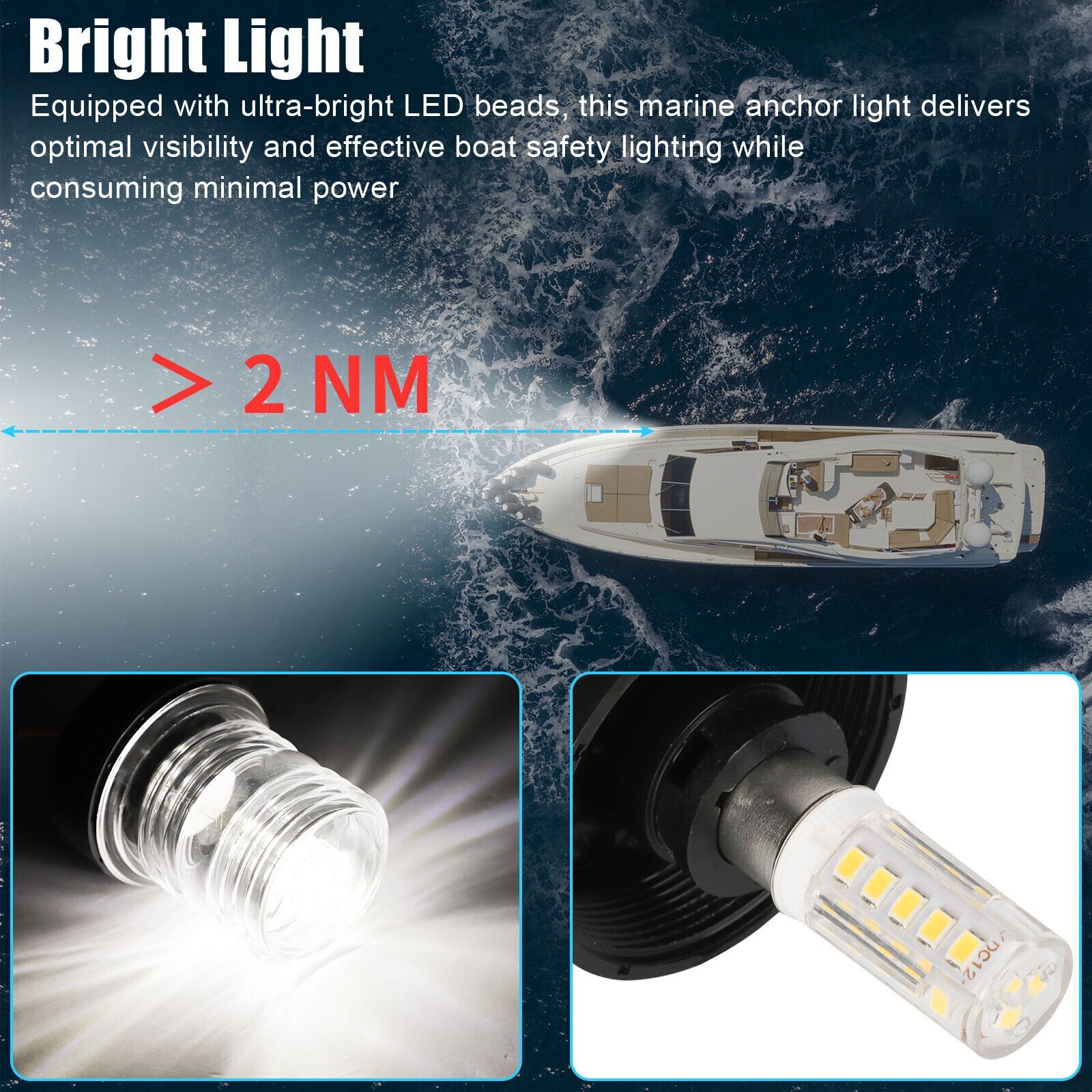 12V Marine Boat Yacht LED Navigation Light Stern Anchor Lamp All Round White 2NM
