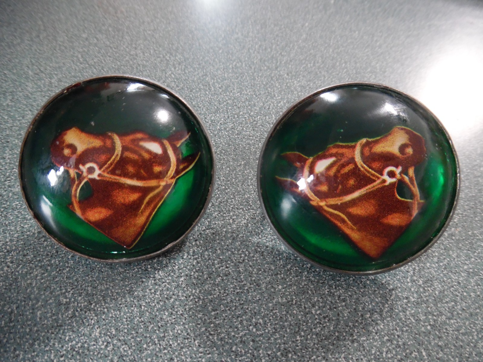 Vintage Pair Bridle Rosettes H.A. Chapman Horse Head Domed Green Glass 1960s