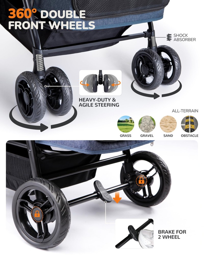 Large Dog Stroller for Two Small Pets, Heavy Duty, Foldable, Ventilated