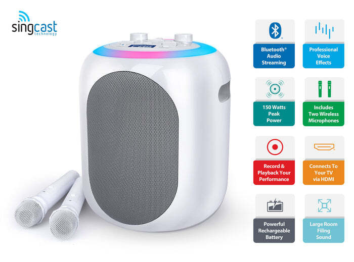 SINGING MACHINE SINGCAST ULTIMATE KARAOKE SYSTEM W/ MICROPHONES, WHITE