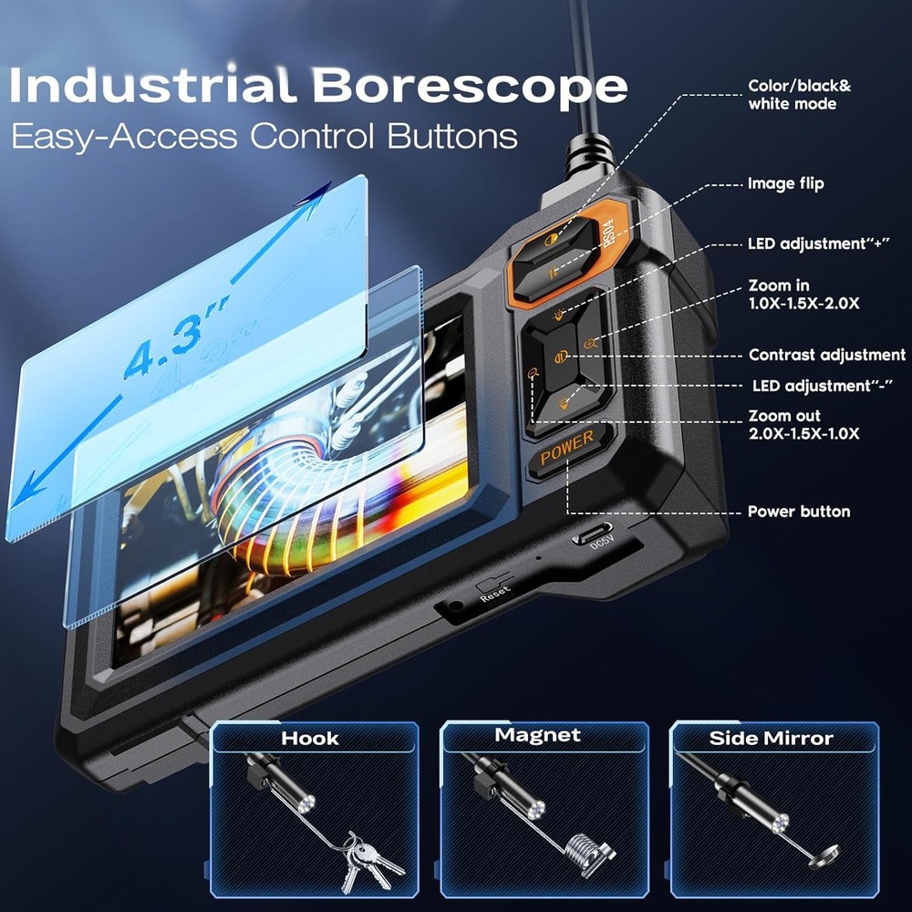 Endoscope Camera with Light, Borescope Camera with 4.3" IPS IP67 Screen Black
