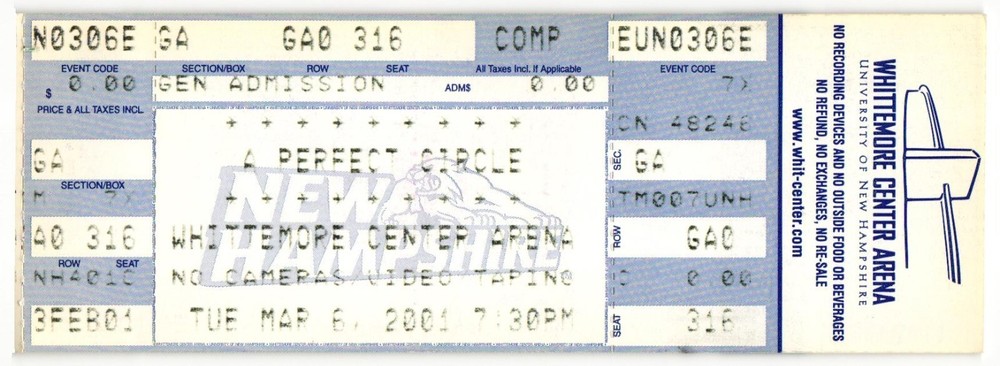 Vintage 2001 Perfect Circle Full Complete Concert Ticket Stub Durham NH Tool