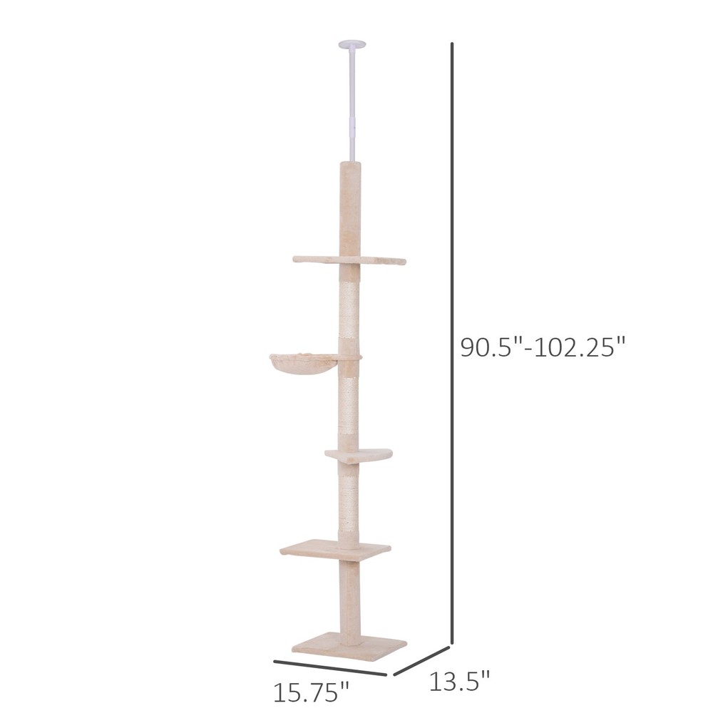 102" Adjustable Height Floor to Ceiling Cat Tree, 5 Level Cat Tower with Posts
