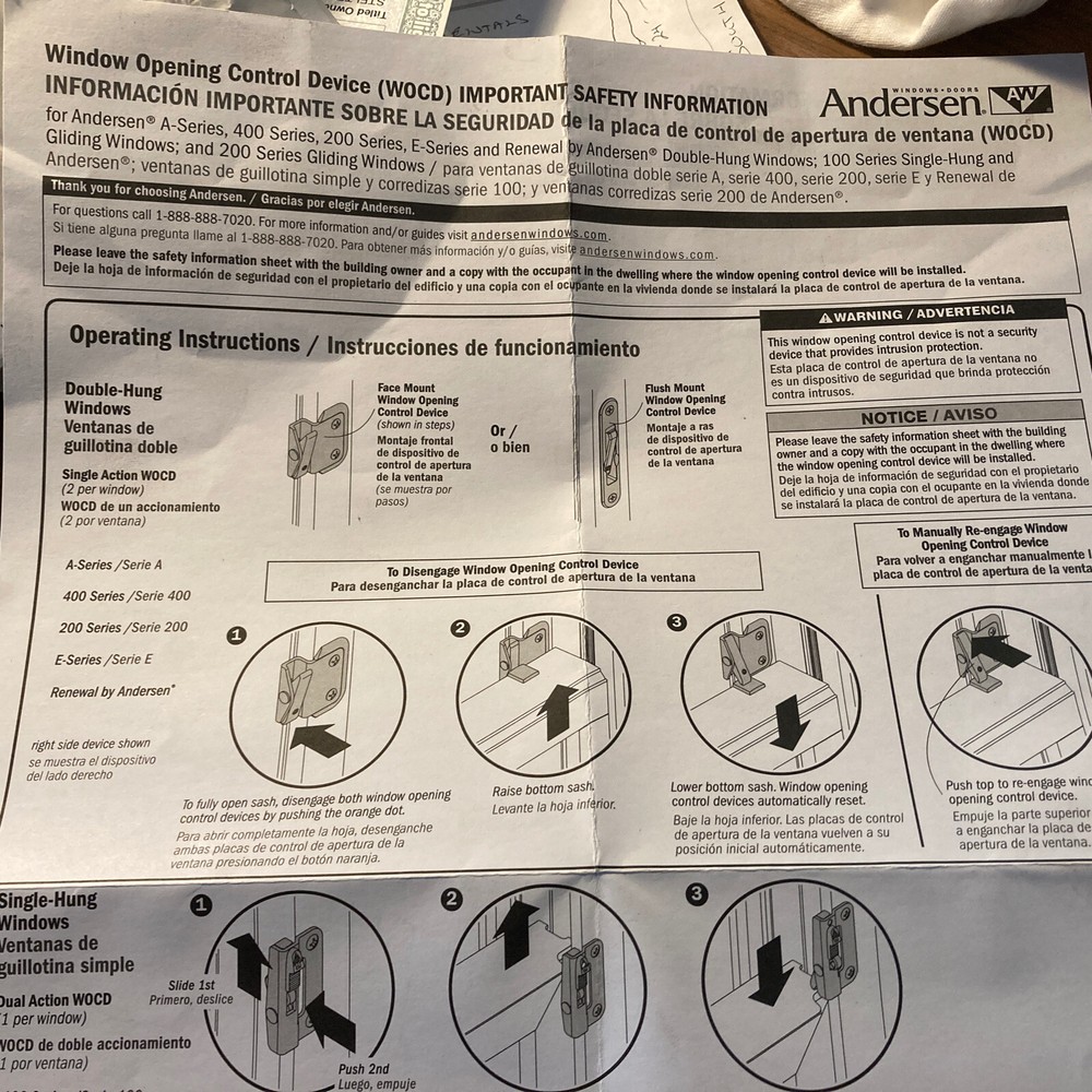 Andersen 100 Child Window Opening Control Device 9130514 -single & hung gliding