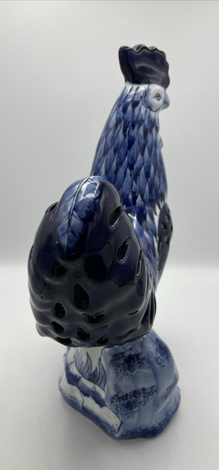 Ceramic Blue And White Chinoiserie Pierced Rooster Bird 15" High