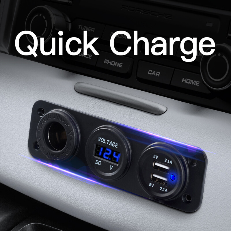 Car Boat RV Switch Panel 2 USB Charger Socket&Cigarette Lighter Voltmeter 12-24V