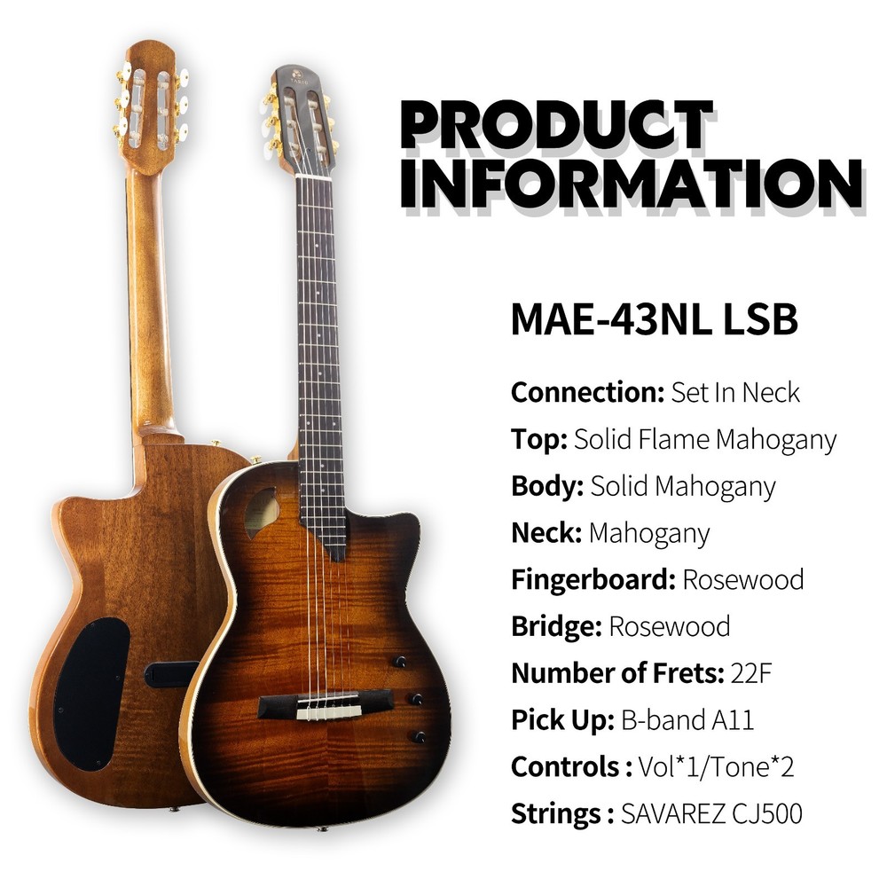 Silent Classical Guitar, Solid Flame Mahogany top Solid Mahogany Body, 22 Frets