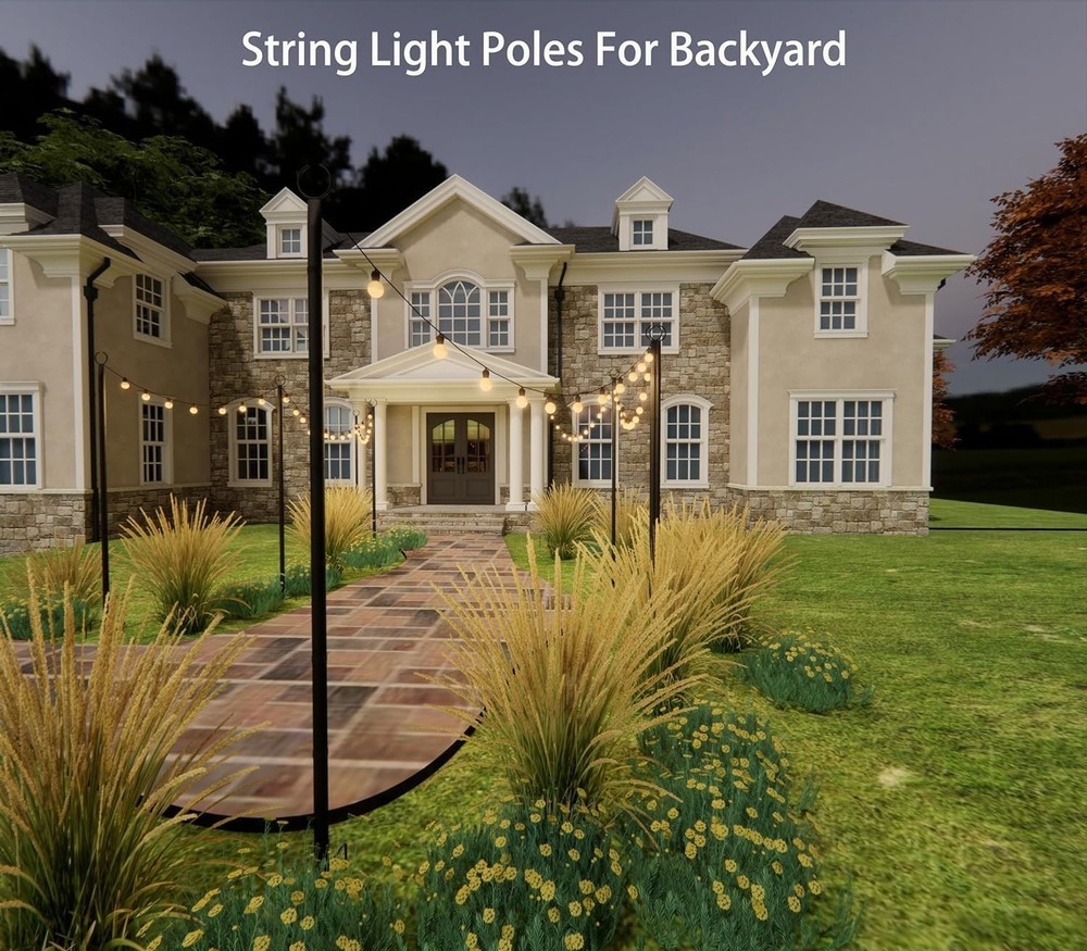 4 Pack 9FT String Light Poles for Outdoor Use, Rustproof Waterproof Black