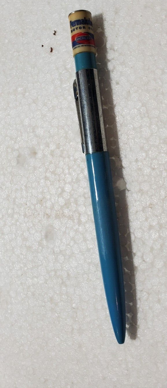 Vintage RITEPOINT PEN PERMALUBE AMERICAN MOTOR OIL Pen GAS ADVERTISING Topper