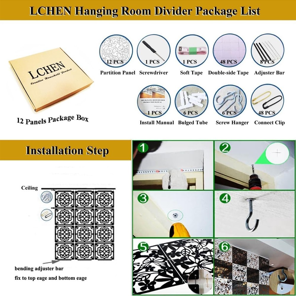 Hanging Room Divider Panel, 12 Pieces White Screen Panels Solid Board Cut Roo...