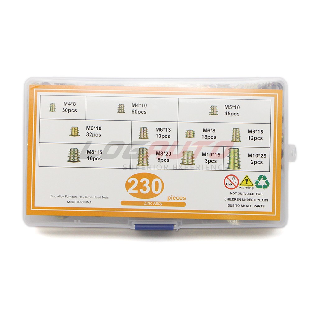 230Pcs Threaded Hex Socket Drive Wood Screws Inserts Nuts Assortment Kit M4-M10