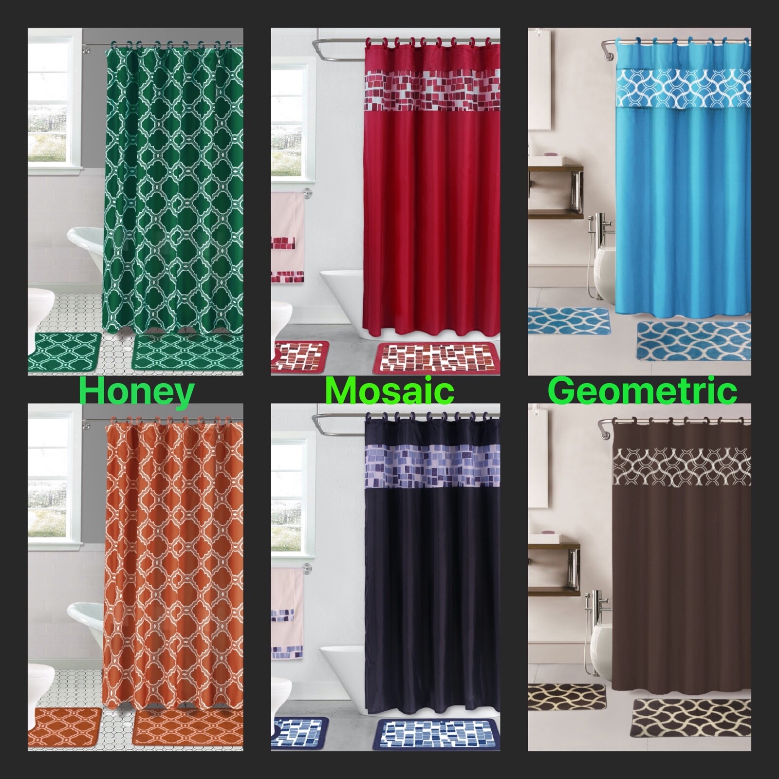 GEOMETRIC NEW PRINT DESIGN BATHROOM SET BATH MATS RUG SHOWER CURTAIN LID COVER