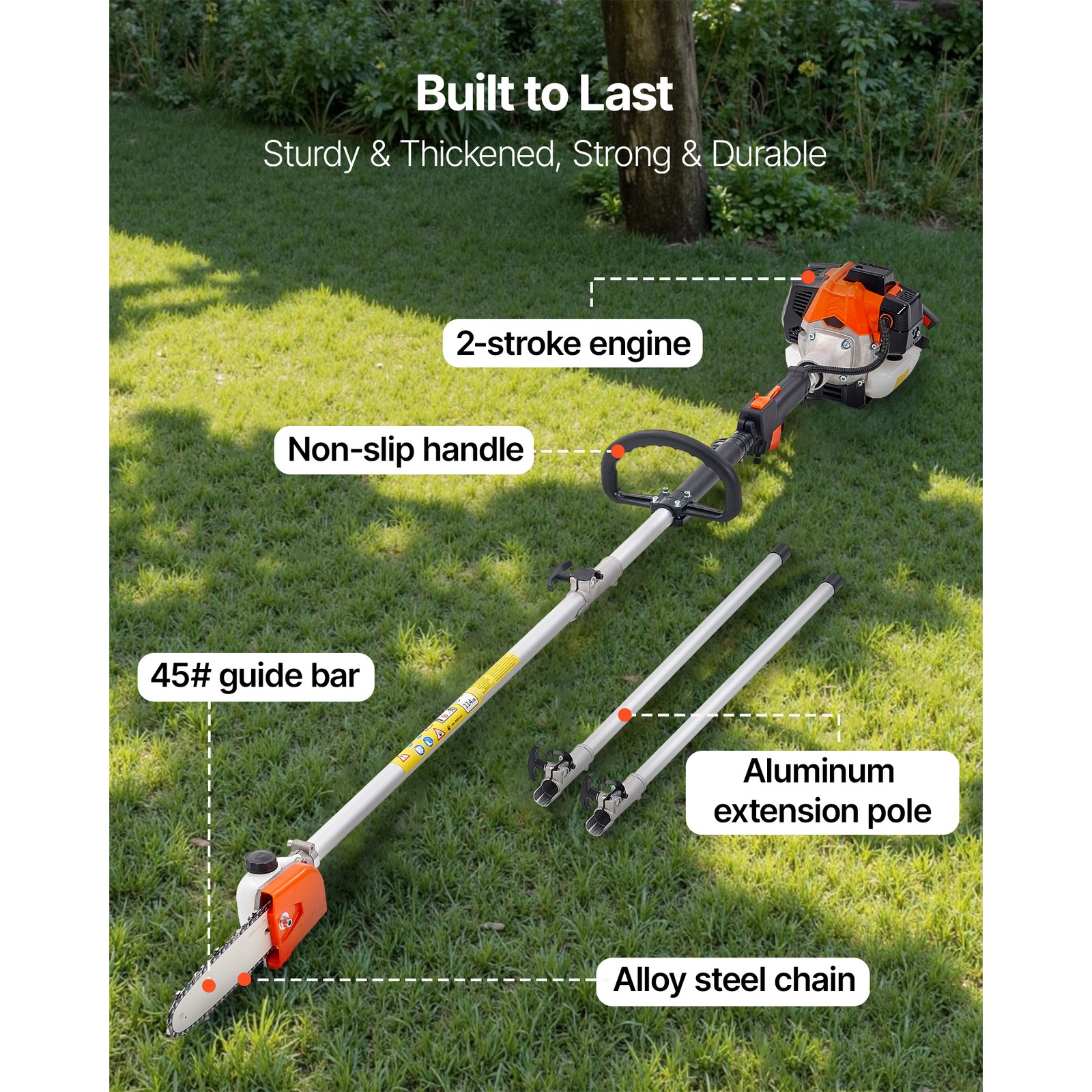 Gas Pole Saw 25CC 2-Stroke Extendable Cordless Tree Trimmer 8 in Cutting Bar