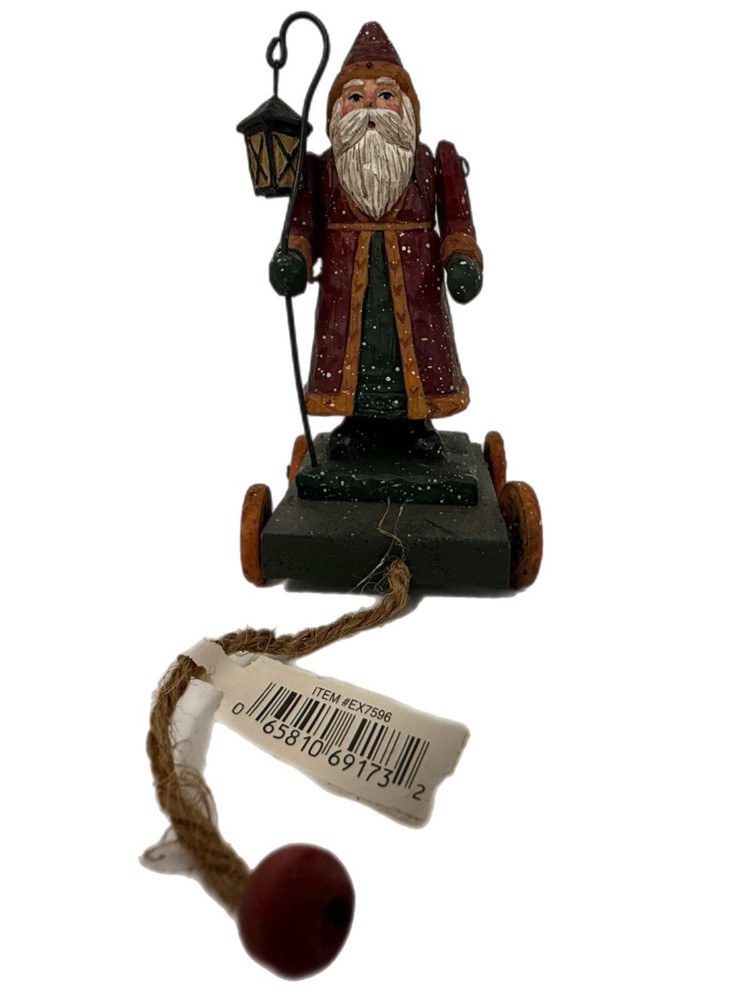 Ganz 4.5” Pull Toy Wheels Santa w/Lantern Folk Art