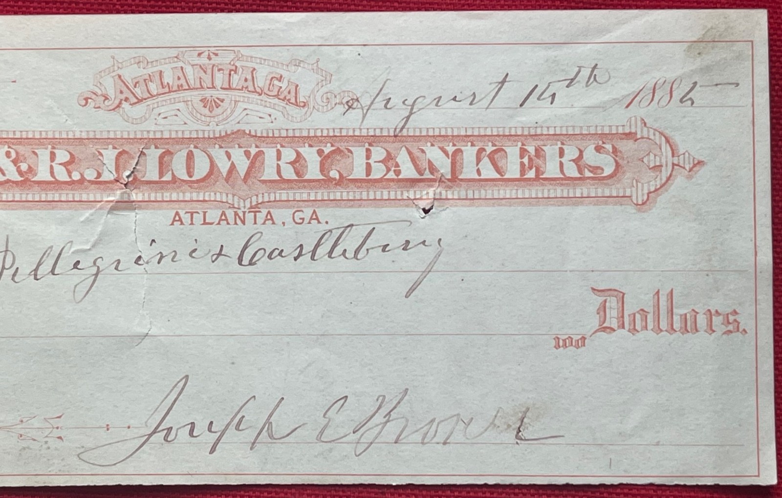 Civil War, Georgia Governor Joseph E. Brown, Personal Check Signed, Rare