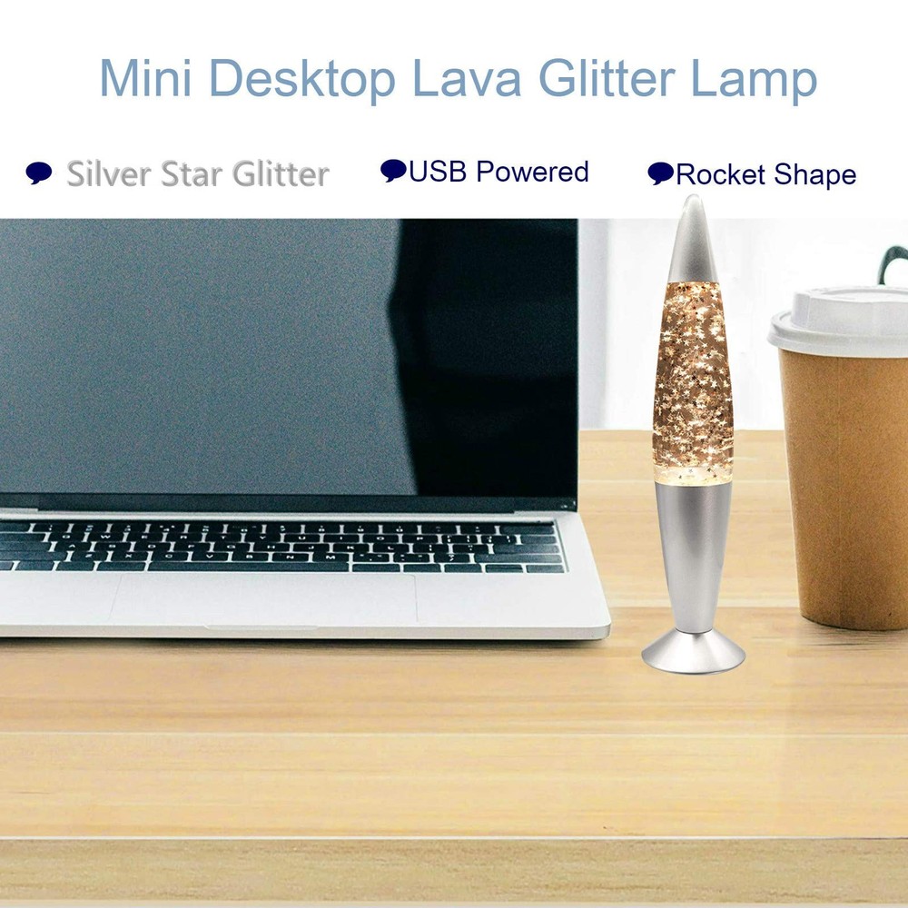 Mini Lava Glitter Lamp with USB Plug Warm White LED Rocket Night Light Sequin...