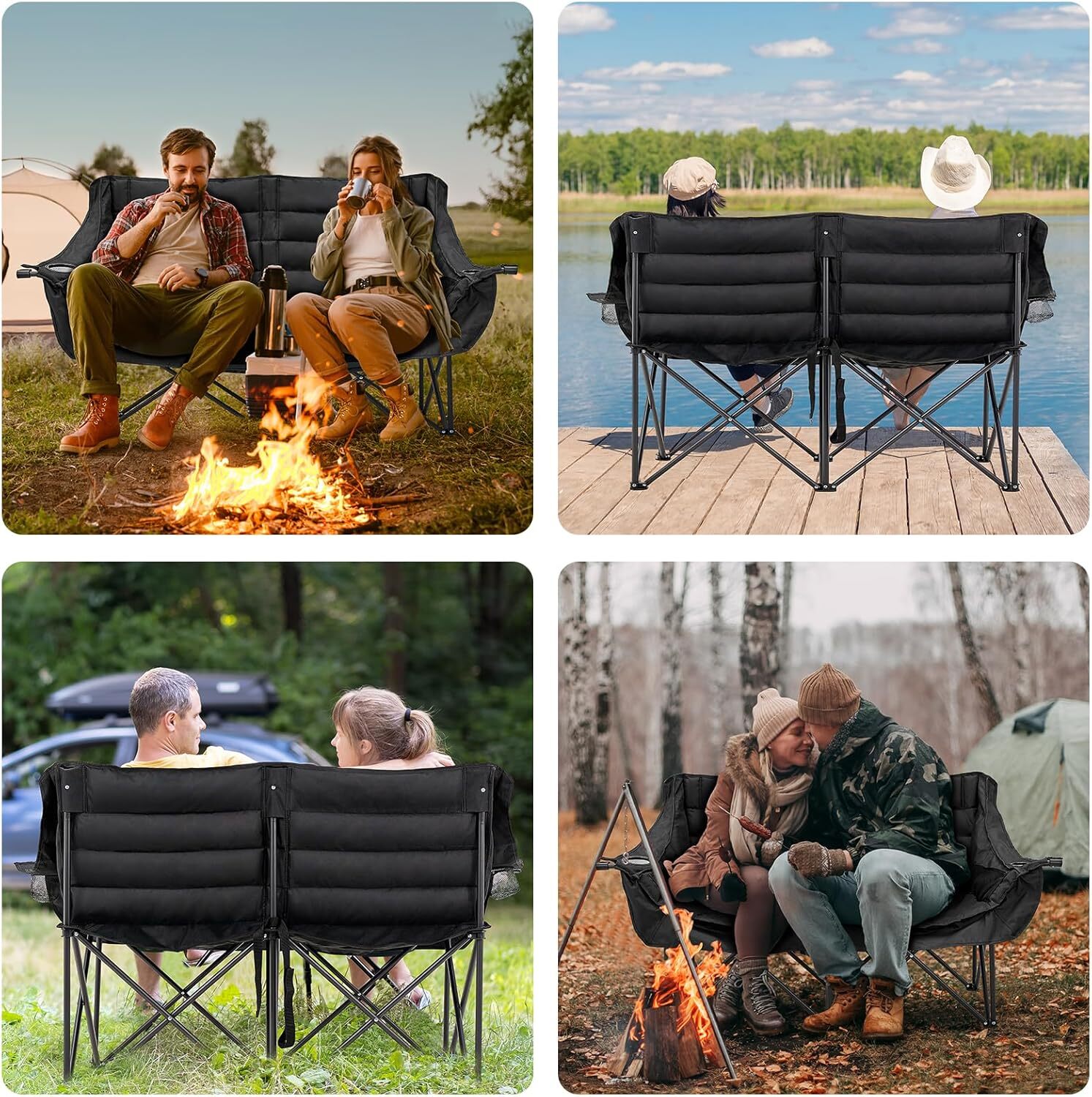 H&ZT Double Camping Chair, Fully Padded Folding Camping Loveseat Duo Chair 600lb