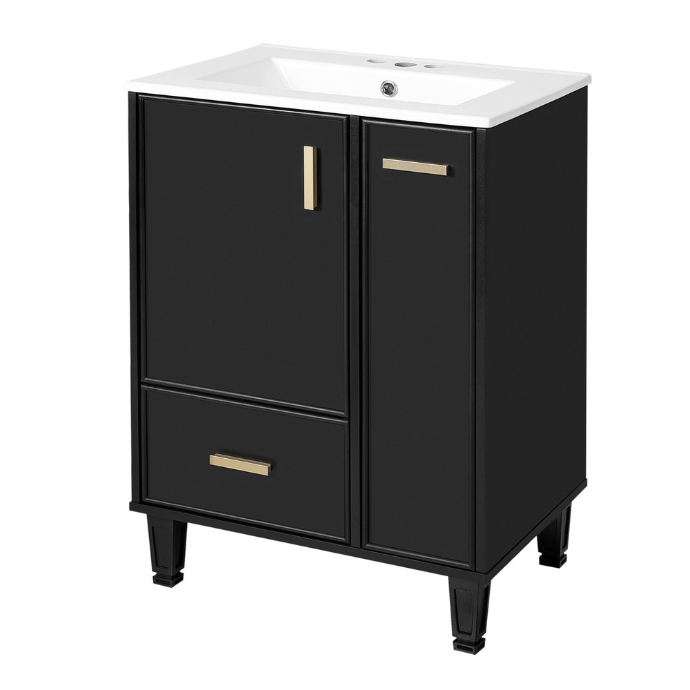 Bathroom Vanity with Ceramic Sink Solid Wood Frame Storage Cabinet Deep Drawer