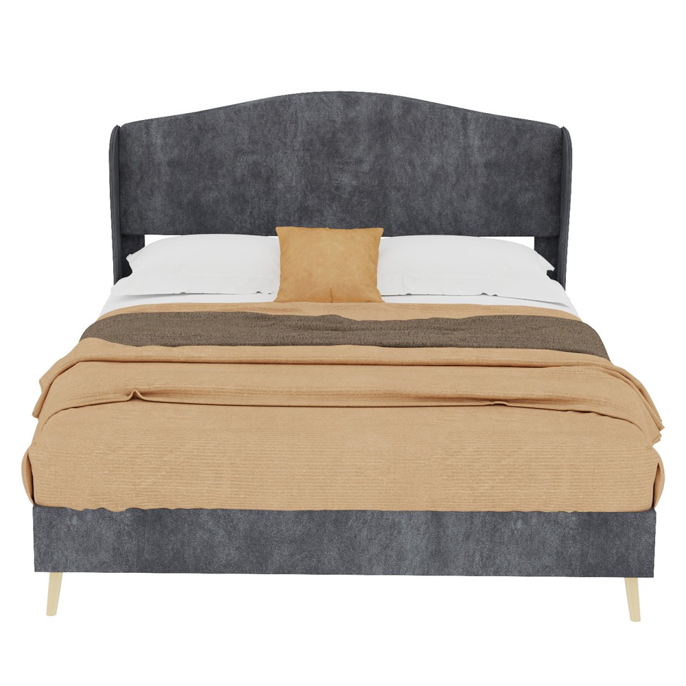 Platform Queen Bed Frame with Velvet Tufted Headboard, Supportive, Beige