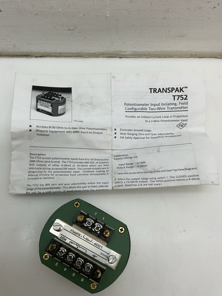 Transpak T752 Potentiometer Input Isolating Two Wire Transmitter NEW