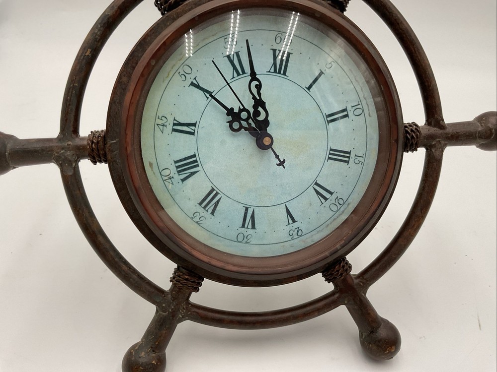 Nautical Ship Wheel-Style Clock Rustic Maritime Tabletop Decor *AS IS*