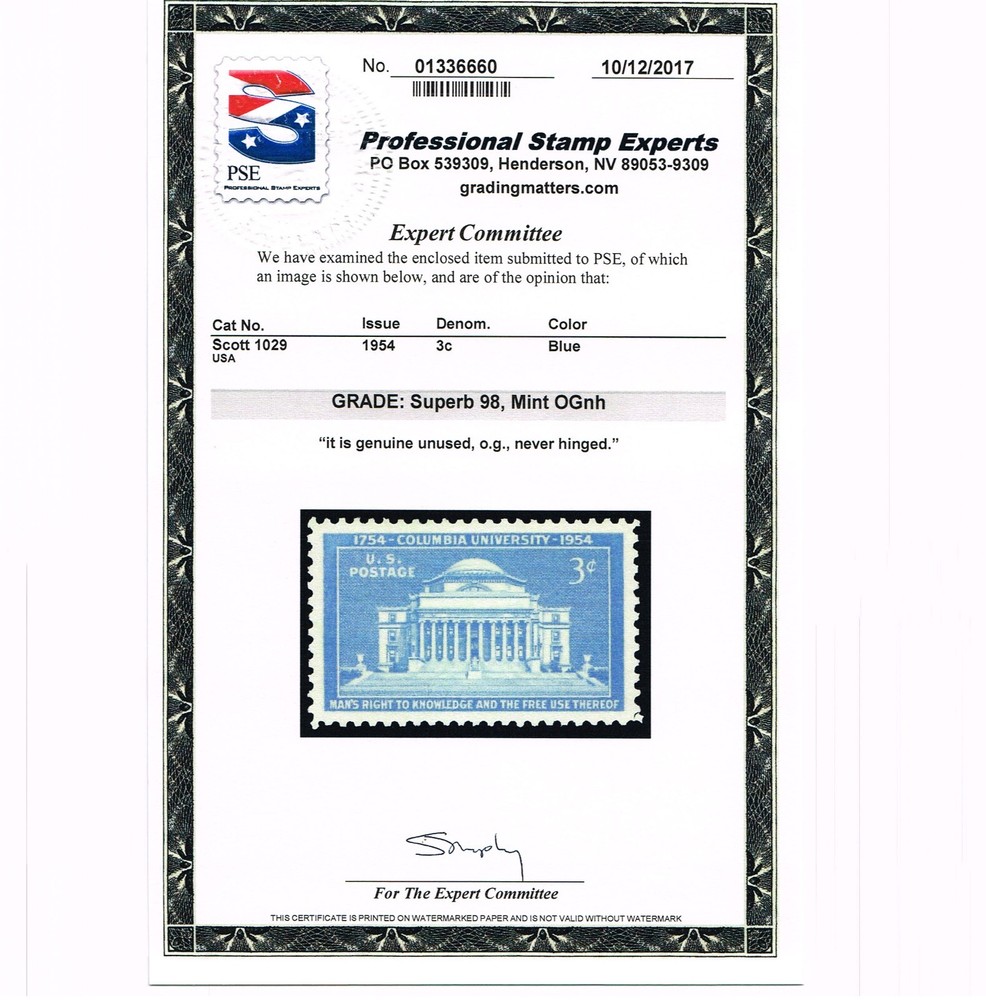 EXCEPTIONAL GENUINE SCOTT #1029 MINT PRISTINE OG NH PSE CERT GRADED SUPERB 98