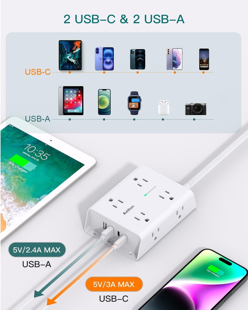 10FT Flat Plug Extension Cord with Multiple Outlets, Surge Protector Power St...