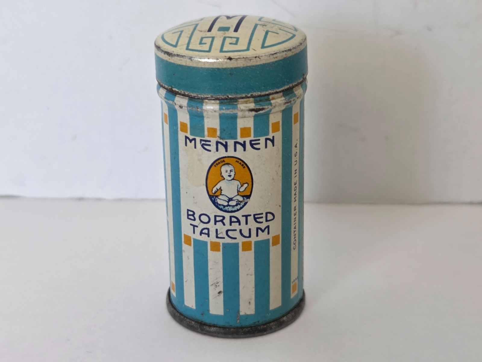 Vintage Mennen Borated Talcum Tin Baby Powder USA Sample Size Advertising Empty