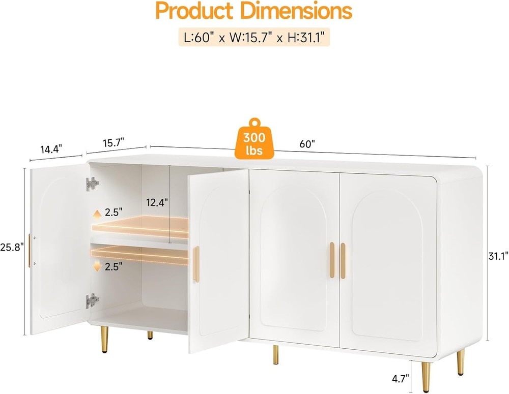 60" Sideboard Buffet Cabinet, Large Credenza Storage, Modern Console Table