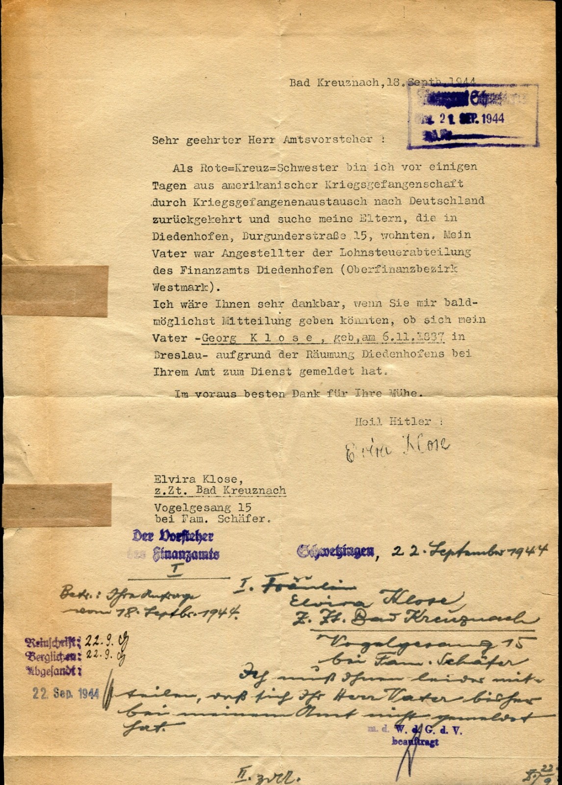 1944 WWII German Red Cross Nurse Repatriated from American POW Exchange Letter