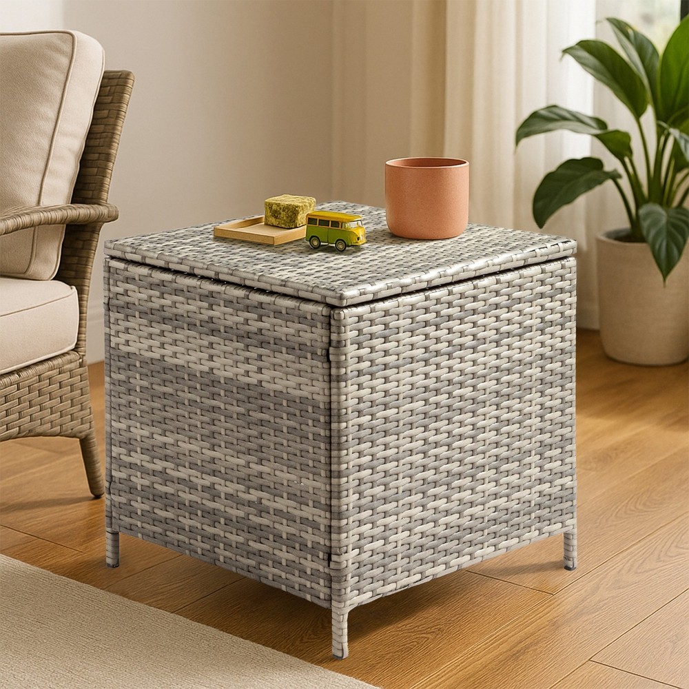 PE Wicker Side Table with Storage, Patio Rattan End Table Square Container