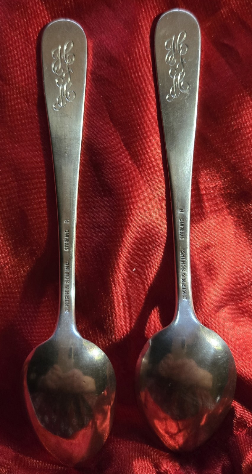 Two Vintage Sterling Silver Spoons Repousse Pattern With Monogram, Kirk Sons