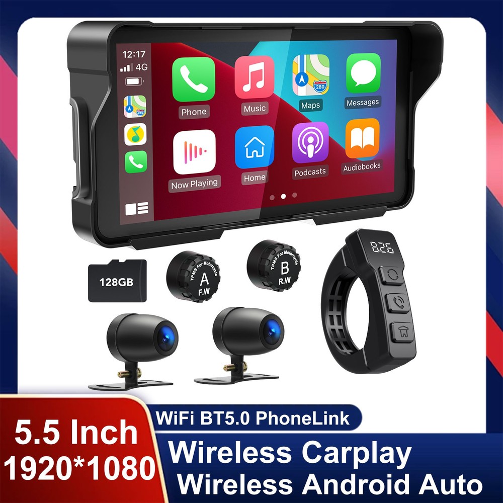 Motorcycle Wireless Carplay 5.5" Touchscreen Android Auto Dash Cam Waterproof