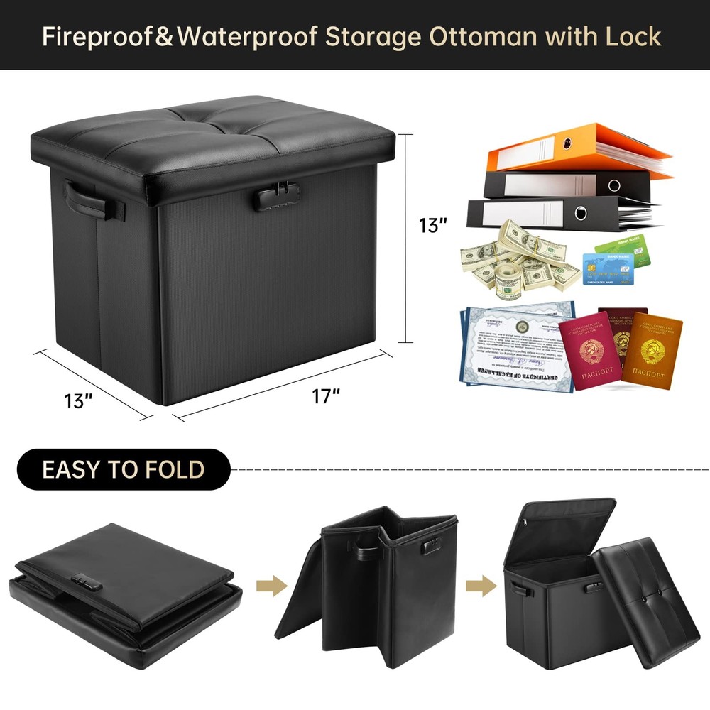 Storage Ottoman with Lock,Fireproof Folding Ottoman Foot Rest Stool Storage C...