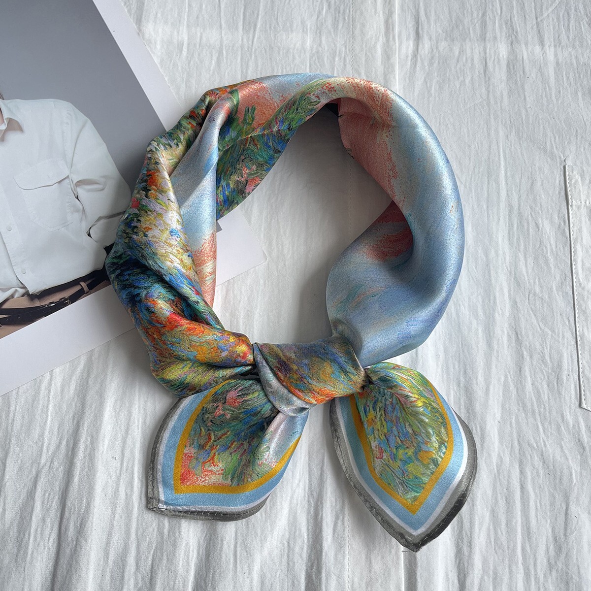 100% Silk Scarf Women Vintage Blue Green Tree Print Neckerchief Bandana 53*53cm