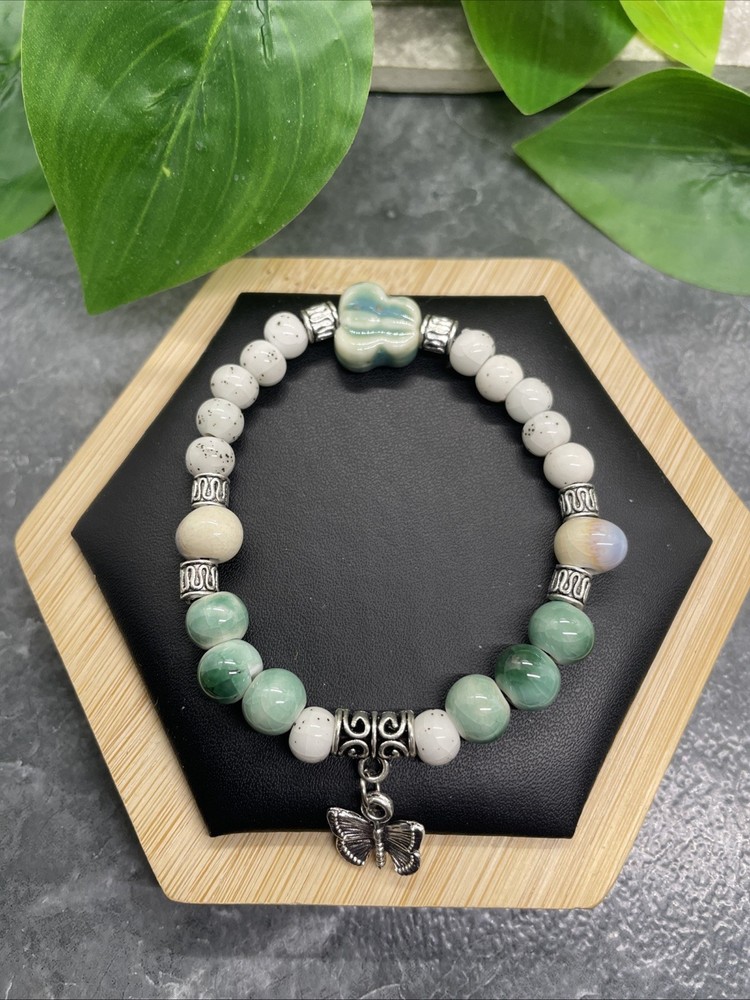 Handmade Ceramic Bead Beaded Stackable 6.5” Plus Stretch Bracelet New B298