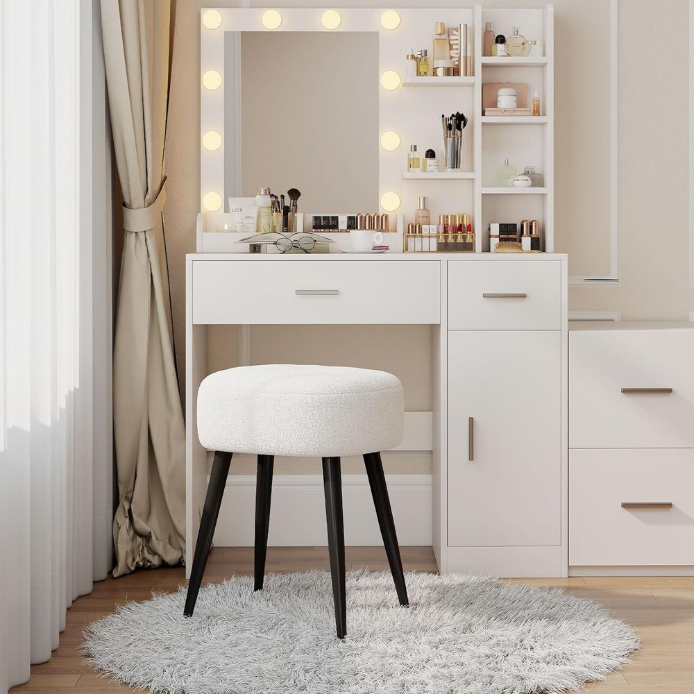 White Vanity Stool Soft Makeup Stool W/ Solid Metal Legs Vanity Corner Morden
