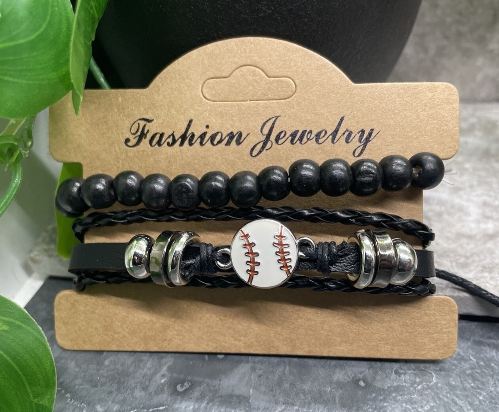 2 PC Baseball Wood Bead PU Leather Bracelet Stackable Adjustable Tie New B3350