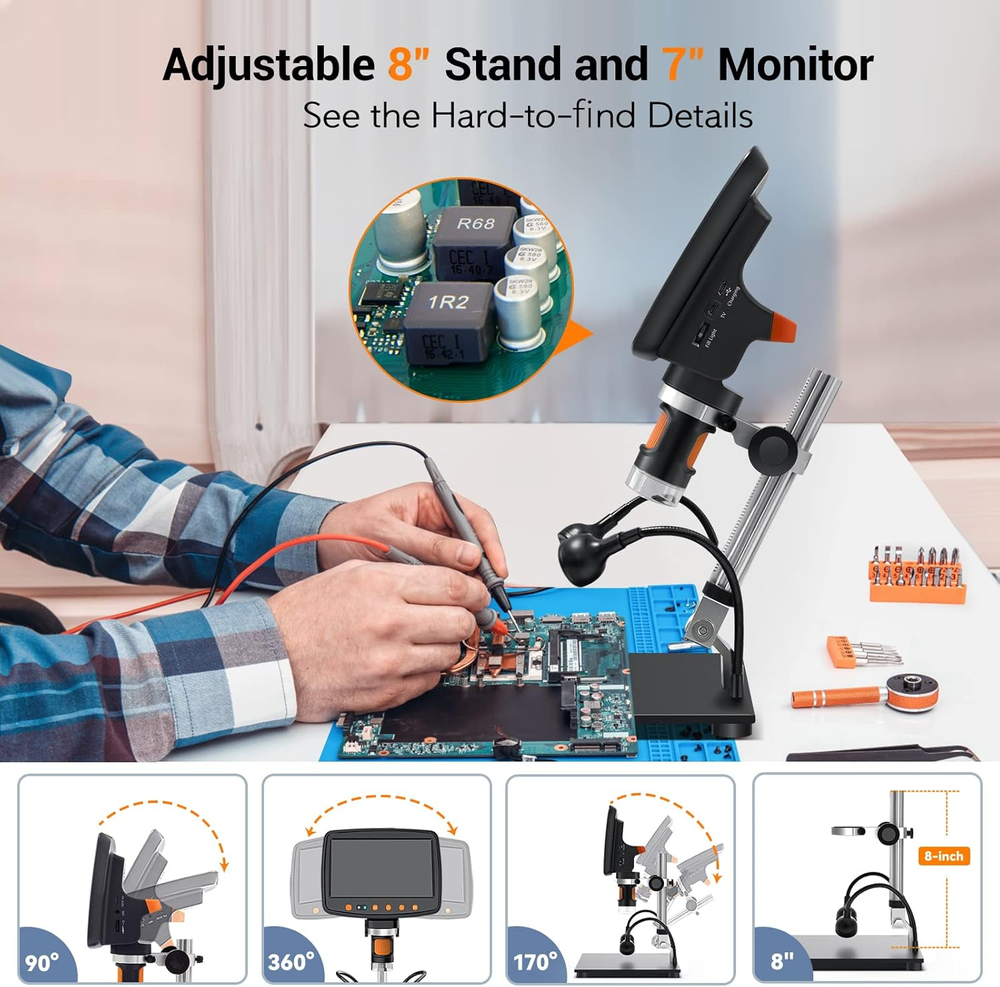 1500X Magnification Soldering Microscope with HDMI, 7" LCD Digital Microscope