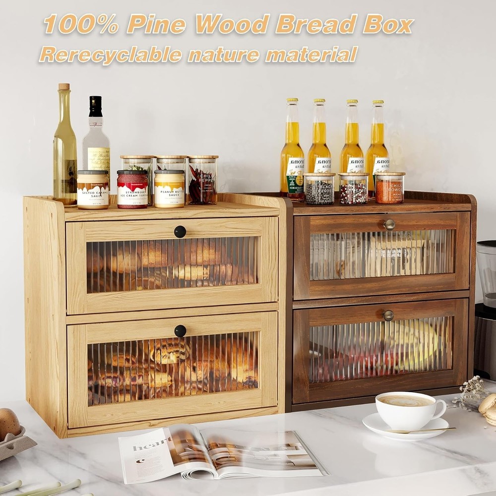 Double Layer Large Bread Box for Kitchen Counter, Wooden Corner Bread Storage Co