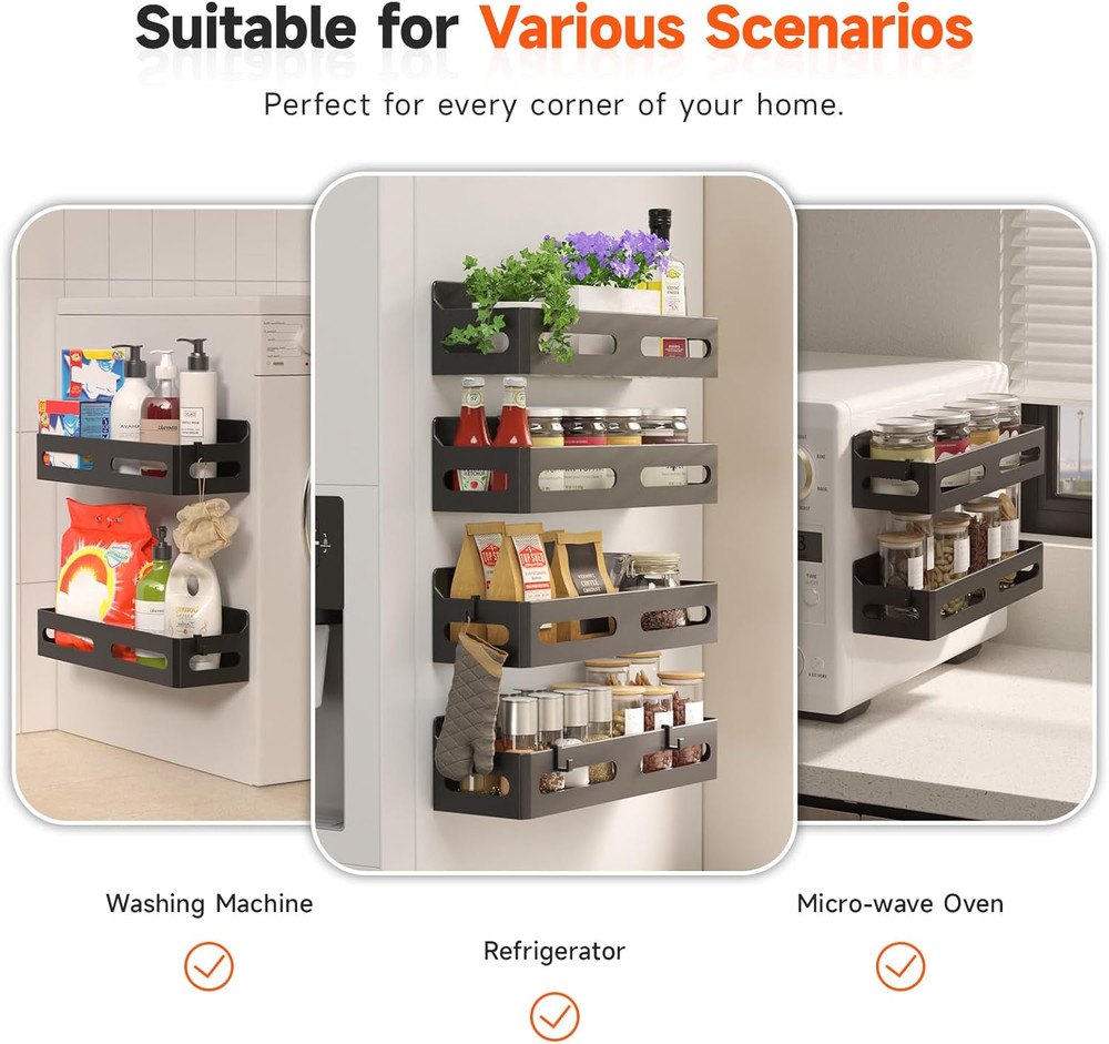 4 Pack Strong Magnetic Spice Rack for Refrigerator, Multipurpose Magnetic She...