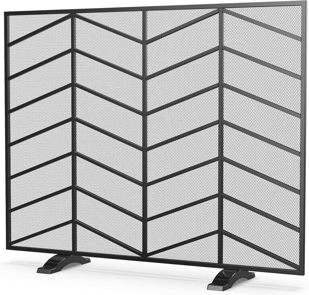 Single Panel Handcrafted Wrought Iron Mesh Chevron Fireplace Screen, Fire Spark
