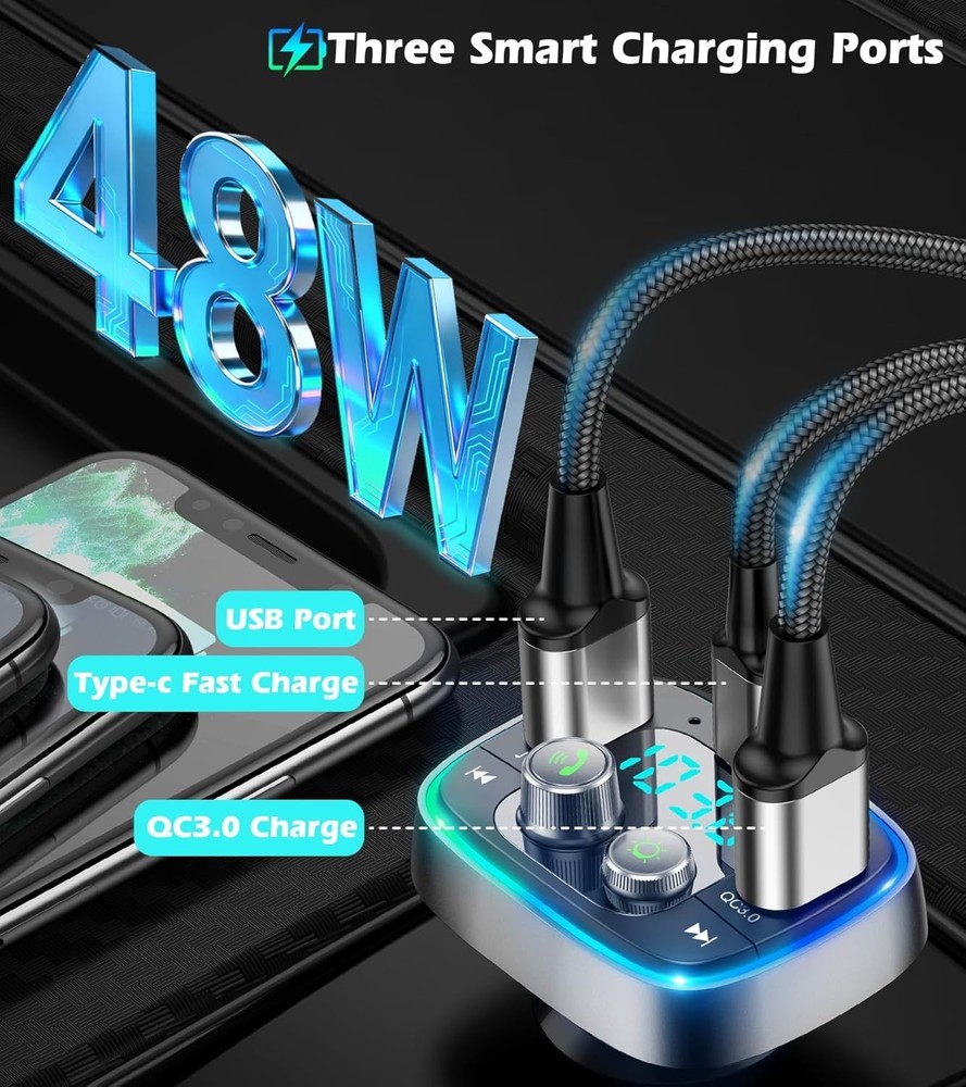 Luxurious USB C Bluetooth 5.4 Car Adapter with FM Transmitter & Fast Charging