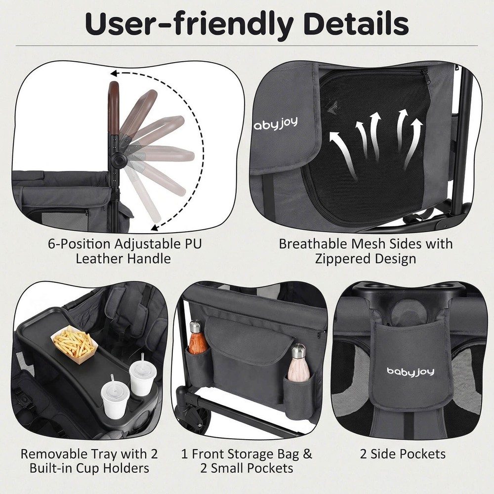 Wagon Stroller, Foldable 4-Seater Push-Pull Toddler Stroller w/Removable Canopy