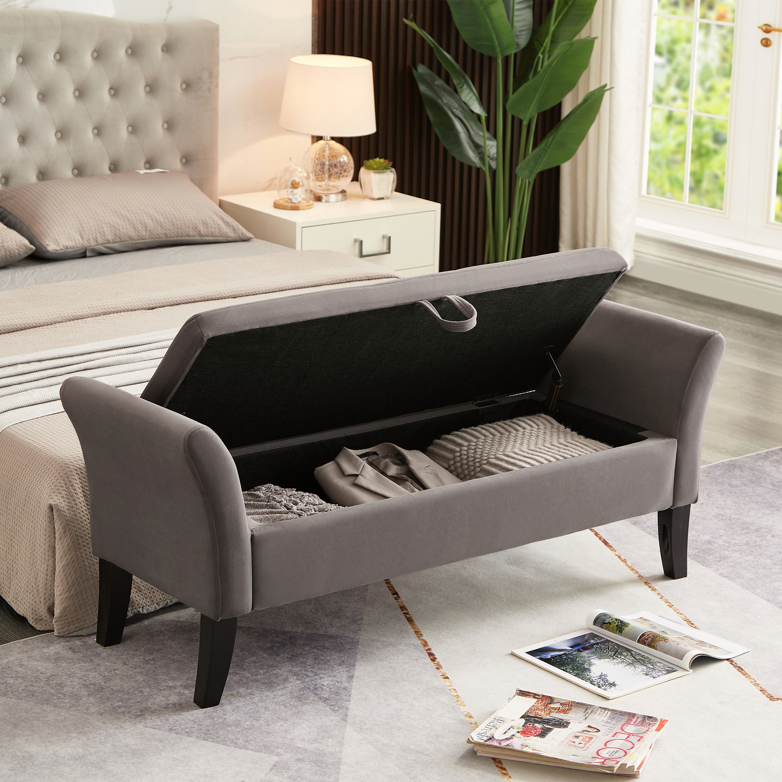 52" Storage Bench Upholstered Ottoman Bench with Arms Velvet Button-Tufted Bench