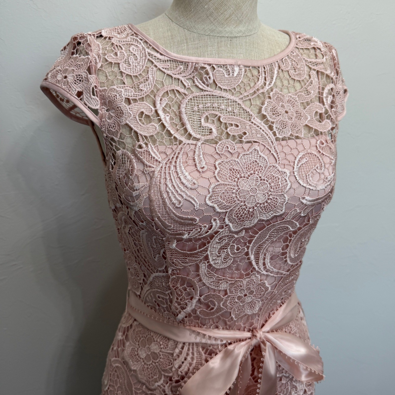 Adrianna Papell 2 Lace Cap Sleeve Illusion Sheath Dress Knee Length Scallop Hem