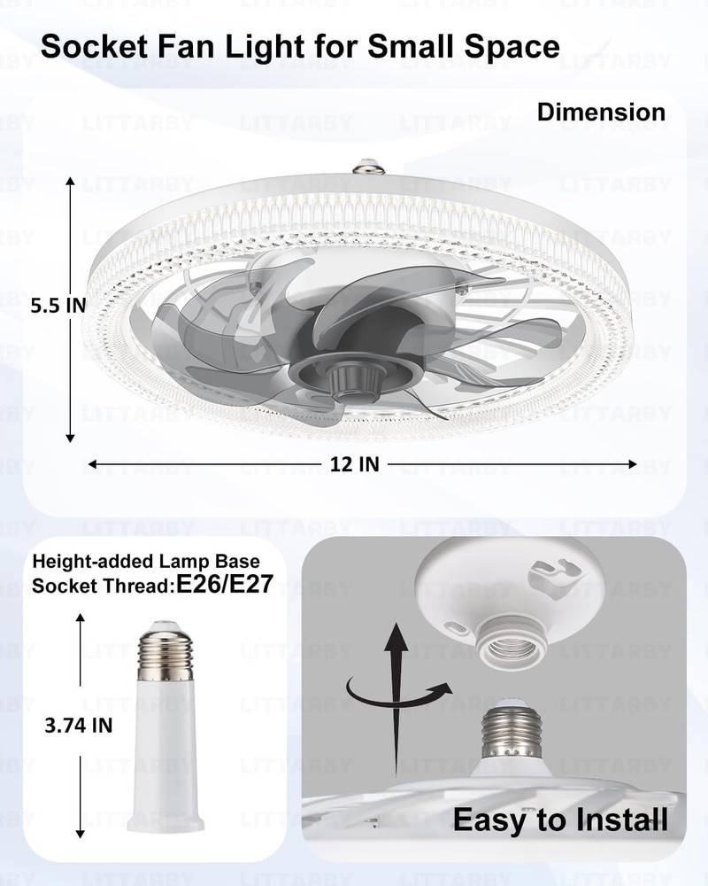 Ceiling Fans with Lights, Socket Fan Light Remote Control, White-Large