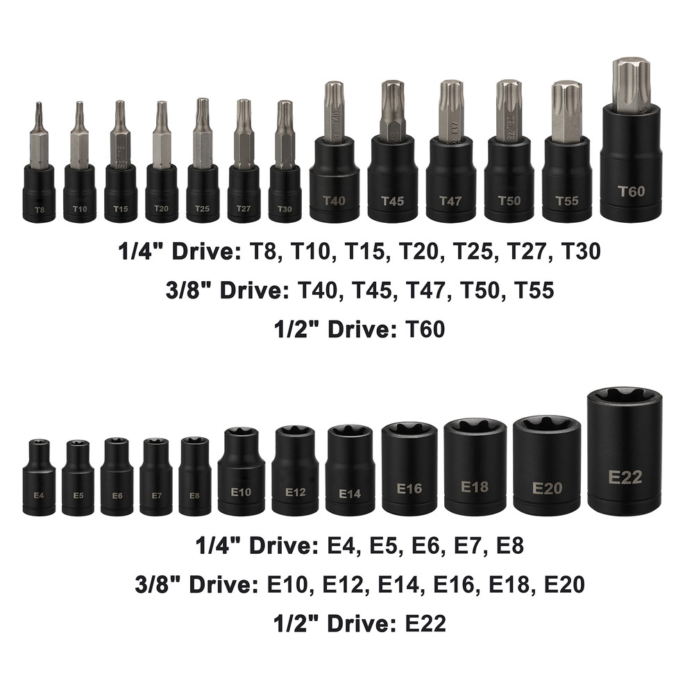 25PCS Torx Bit Socket and External Socket Set T8- T60 & 12 Female E-Torx Sockets