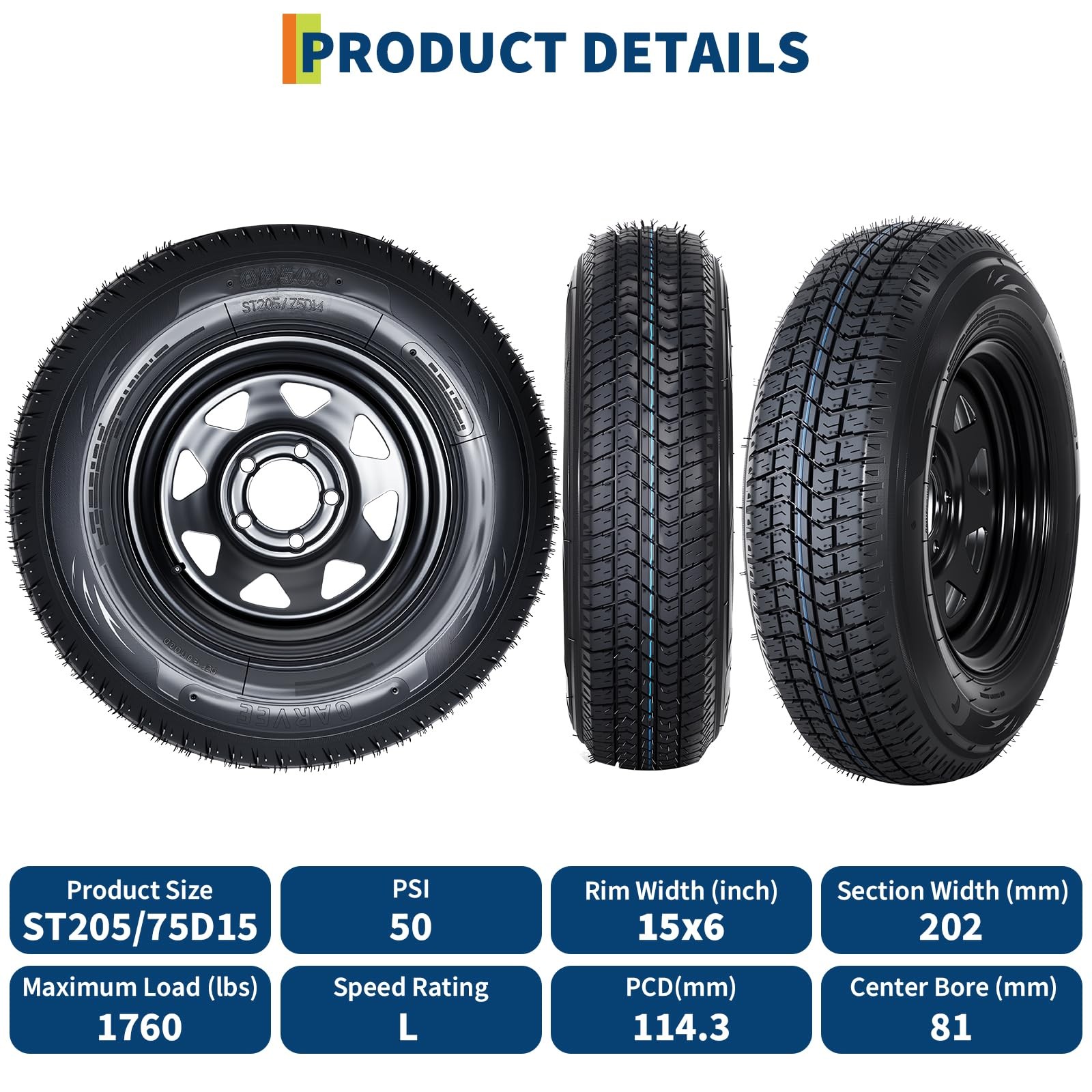 205/75D14 Trailer Tires with 14 Rims 5 Lug 4.5 Bolt Pattern Utility Boat Camper